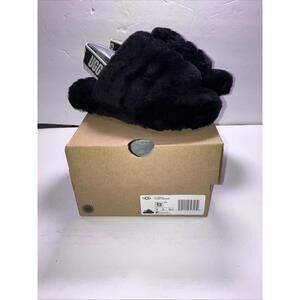 UGG FLUFF YEAH SLIDE BLACK WHITE SLIPPER SANDALS YOUTH 13 NEW